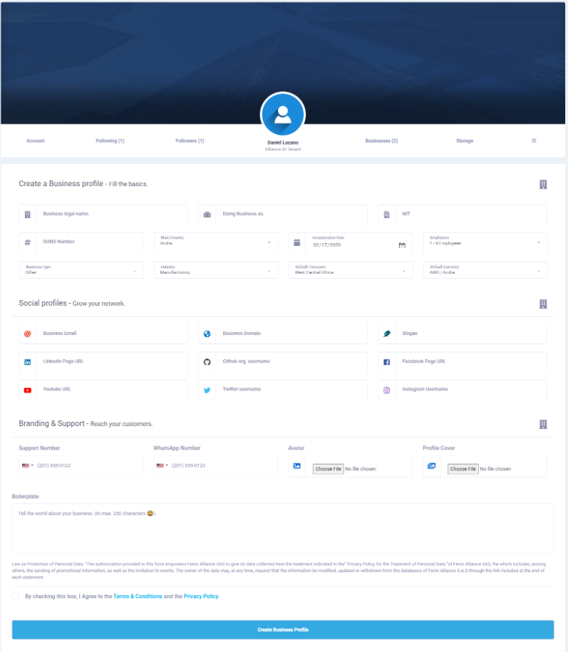 Business creation form. v1.0.0